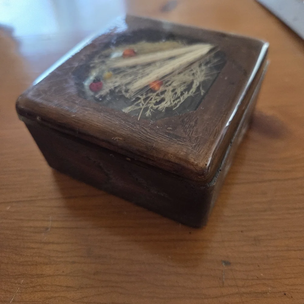 70s Wood Box With Resin Top That Has Dried Flowers And A Lady Bug